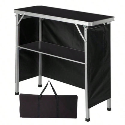 Portable Folding Bar Table with Shelf, Tradeshow Podium Table with Black Skirt and Carrying Bag, Indoor Outdoor Party Picnic Exhibition, Black