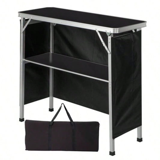 Portable Folding Bar Table with Shelf, Tradeshow Podium Table with Black Skirt and Carrying Bag, Indoor Outdoor Party Picnic Exhibition, Black