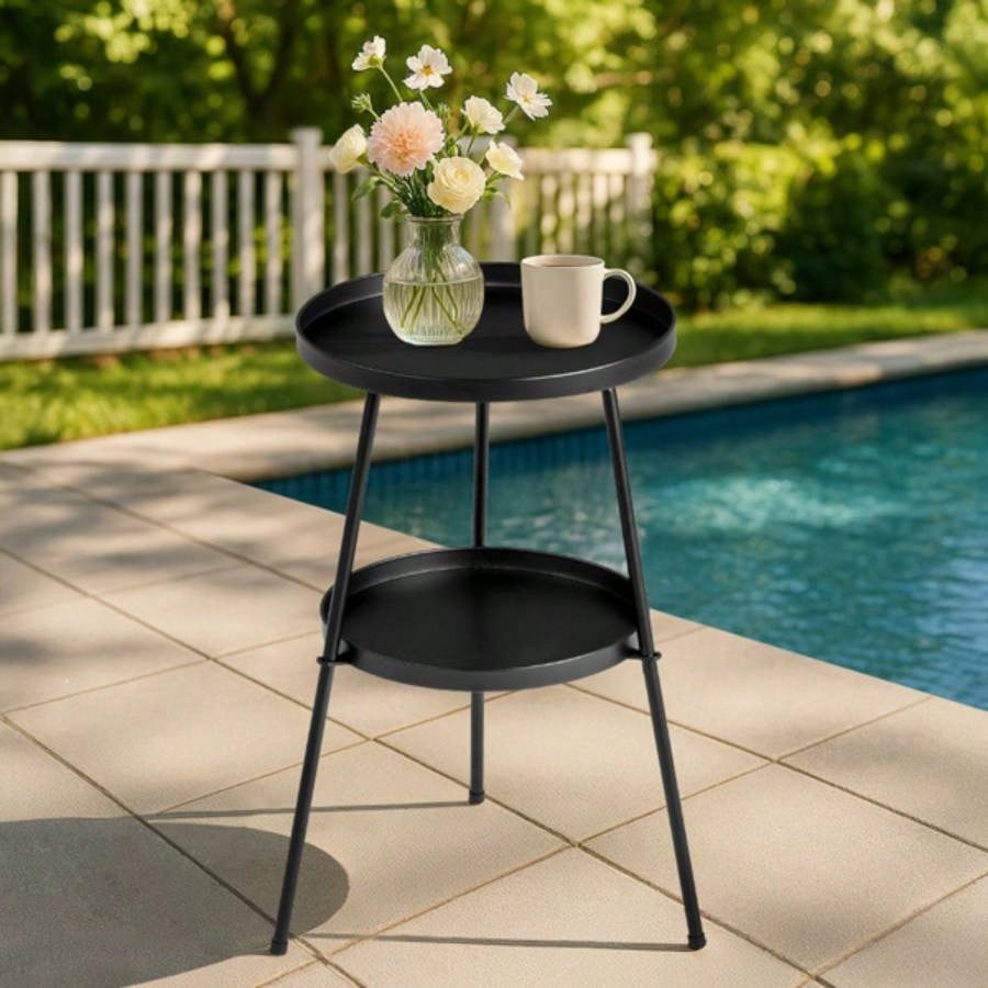Patio Small Side Table, Round 2 Tier End Table, Metal Round Coffee Table Indoor Outdoor, Black