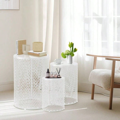 Outdoor Nesting Side Table Set of 3, Round Patio Accent Table, Metal Frame End Table Indoor Outdoor, 12 14 16H, White