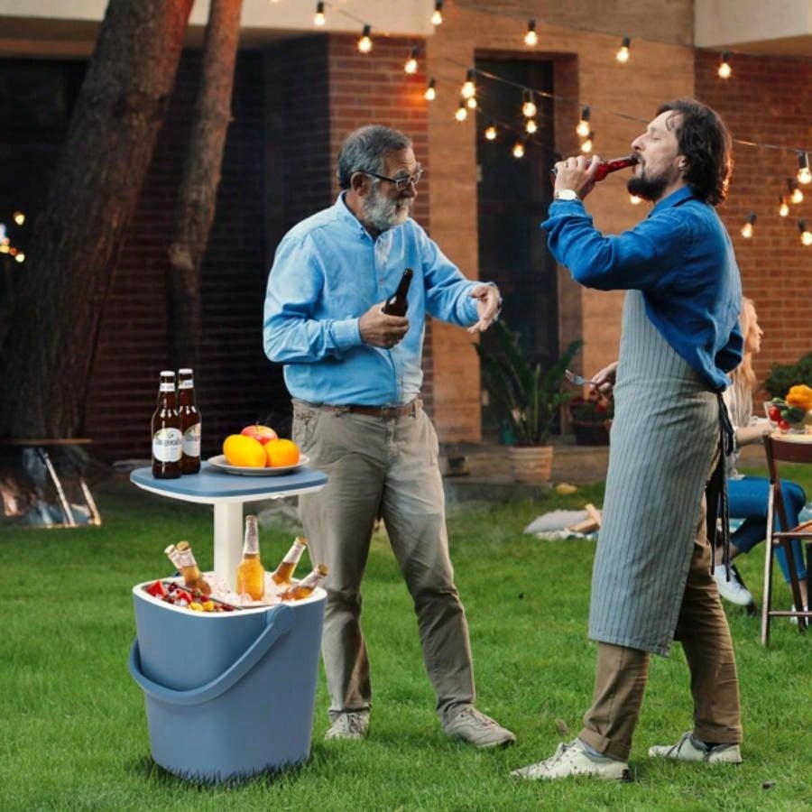 Outdoor Cooler Table, 4 Gallon Portable Cooler Side Table with Handle, Bottle Opener and Lift Top Lid, All - Weather Resistant Patio Cooler Cool Bar Camping, Picnic, Beach, Pool, Party