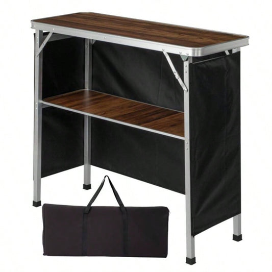 Portable Folding Bar Table with Shelf, Tradeshow Podium Table with Black Skirt and Carrying Bag, Indoor Outdoor Party Picnic Exhibition, Brown Wood Tone