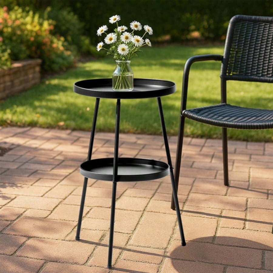 Patio Small Side Table, Round 2 Tier End Table, Metal Round Coffee Table Indoor Outdoor, Black