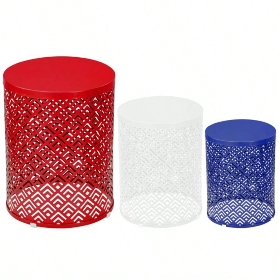 Outdoor Nesting Side Table Set of 3, Round Patio Accent Table, Metal Frame End Table Indoor Outdoor, 12 14 16H, Blue White Red