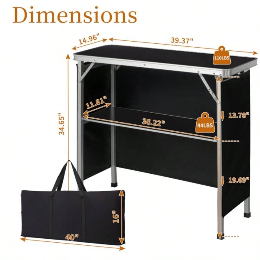 Portable Folding Bar Table with Shelf, Tradeshow Podium Table with Black Skirt and Carrying Bag, Indoor Outdoor Party Picnic Exhibition, Black
