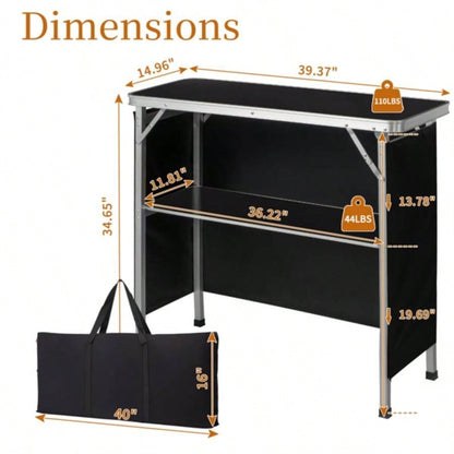 Portable Folding Bar Table with Shelf, Tradeshow Podium Table with Black Skirt and Carrying Bag, Indoor Outdoor Party Picnic Exhibition, Black