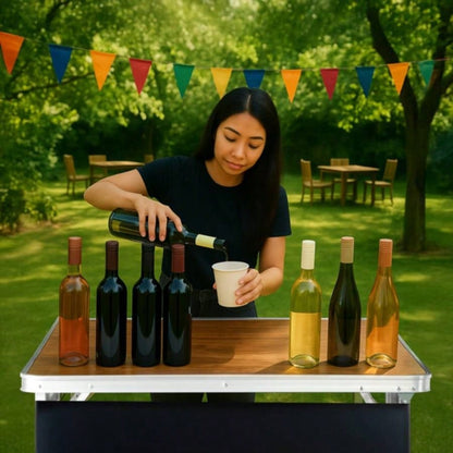 Portable Folding Bar Table with Shelf, Tradeshow Podium Table with Black Skirt and Carrying Bag, Indoor Outdoor Party Picnic Exhibition, Brown Wood Tone