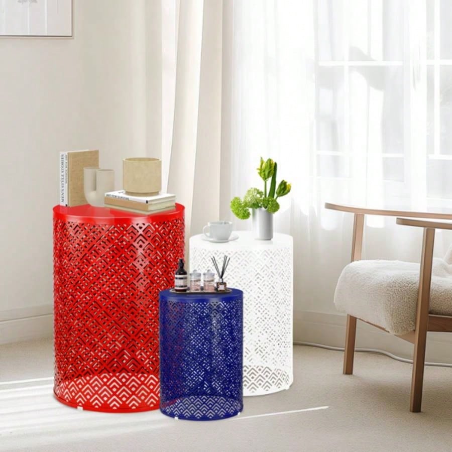 Outdoor Nesting Side Table Set of 3, Round Patio Accent Table, Metal Frame End Table Indoor Outdoor, 12 14 16H, Blue White Red