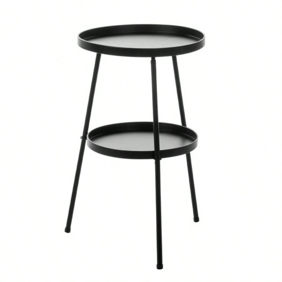 Patio Small Side Table, Round 2 Tier End Table, Metal Round Coffee Table Indoor Outdoor, Black