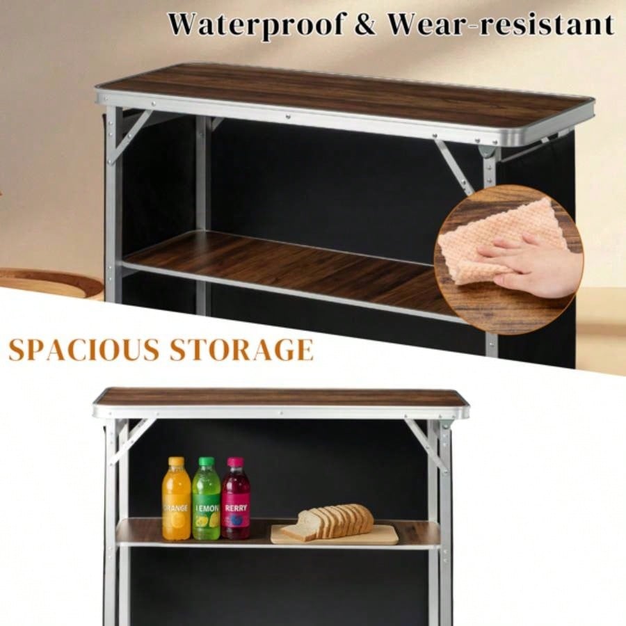 Portable Folding Bar Table with Shelf, Tradeshow Podium Table with Black Skirt and Carrying Bag, Indoor Outdoor Party Picnic Exhibition, Brown Wood Tone