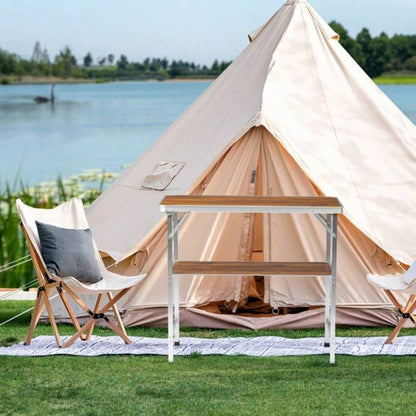 Portable Folding Bar Table with Shelf, Tradeshow Podium Table with Black Skirt and Carrying Bag, Indoor Outdoor Party Picnic Exhibition, Brown Wood Tone