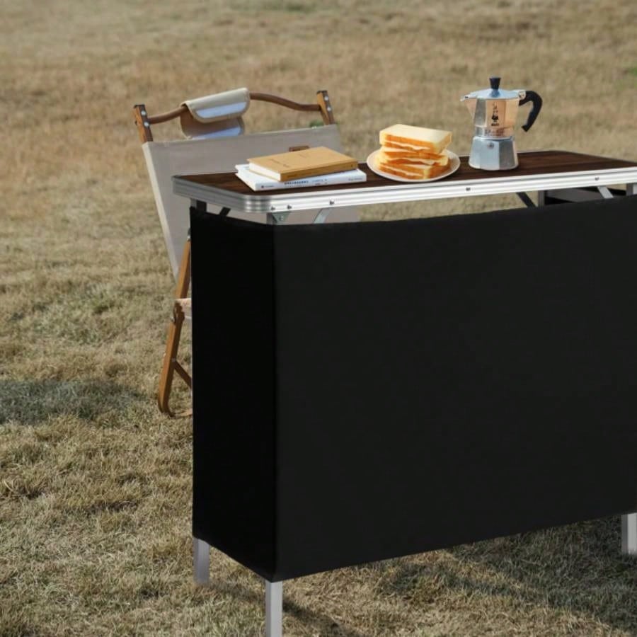 Portable Folding Bar Table with Shelf, Tradeshow Podium Table with Black Skirt and Carrying Bag, Indoor Outdoor Party Picnic Exhibition, Brown Wood Tone