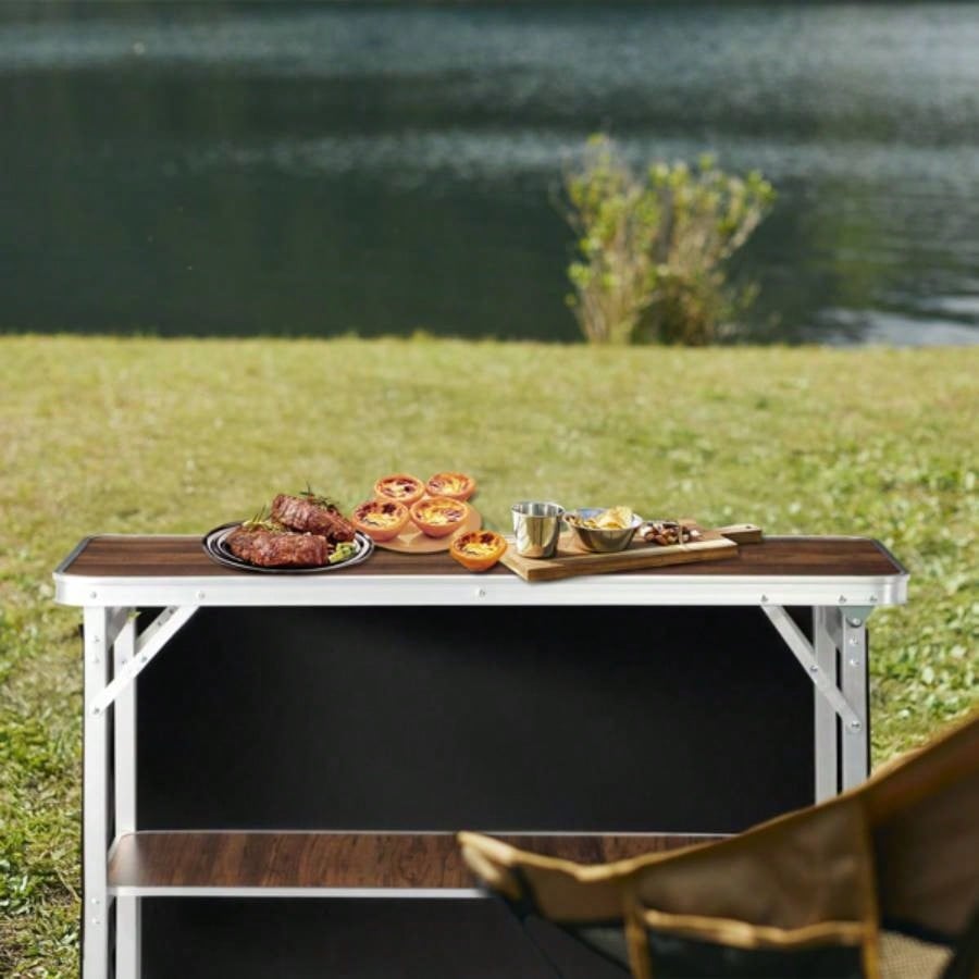 Portable Folding Bar Table with Shelf, Tradeshow Podium Table with Black Skirt and Carrying Bag, Indoor Outdoor Party Picnic Exhibition, Brown Wood Tone