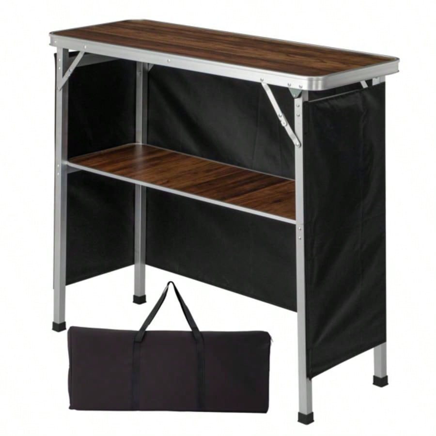 Portable Folding Bar Table with Shelf, Tradeshow Podium Table with Black Skirt and Carrying Bag, Indoor Outdoor Party Picnic Exhibition, Brown Wood Tone