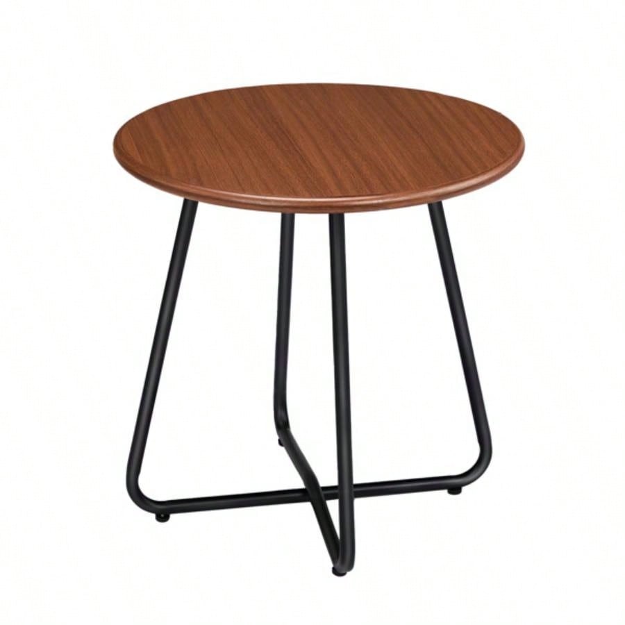 Outdoor Side Table with Imitation Wood Tabletop, Weather Resistant Patio Side Table, Round Outdoor End Table Patio Yard Balcony Garden