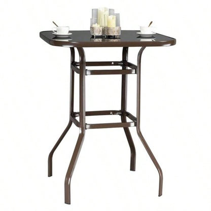 Wrought Iron Glass High Bar Table Patio Bar Table Brown
