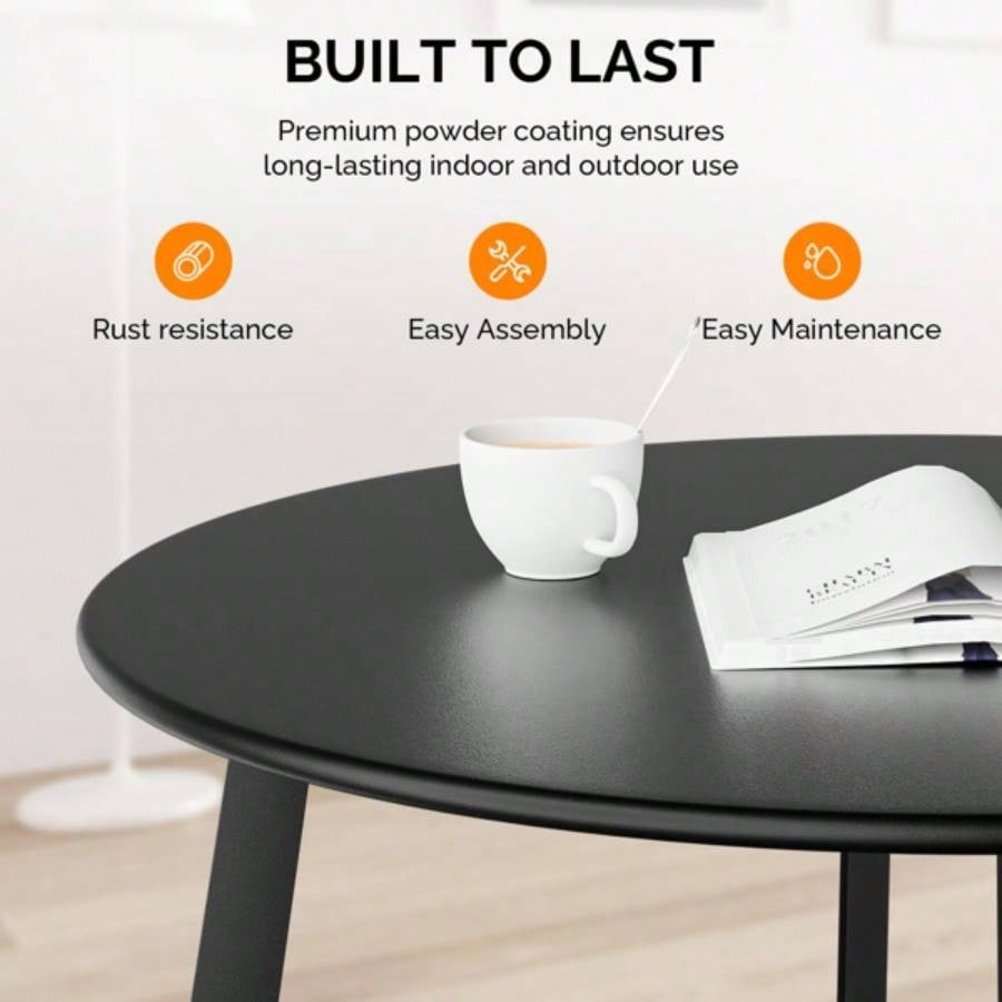 Patio Coffee Table, Metal Steel Outdoor Round Table, Weather Resistant Steel Patio Side Table Patio Yard Balcony Garden, Black