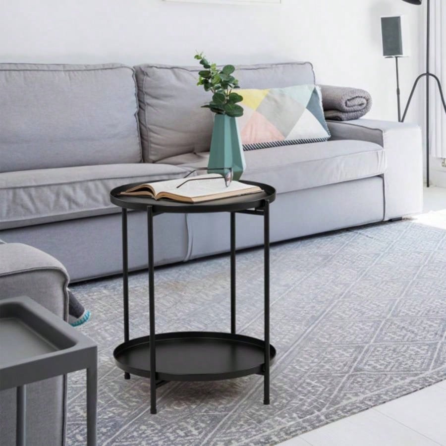 2 - Tier Patio Side Table, Outdoor Metal Round Small Coffee Table with Removable Tray, Weather Resistant End Table Indoor Outdoor Garden Balcony Yard, Black