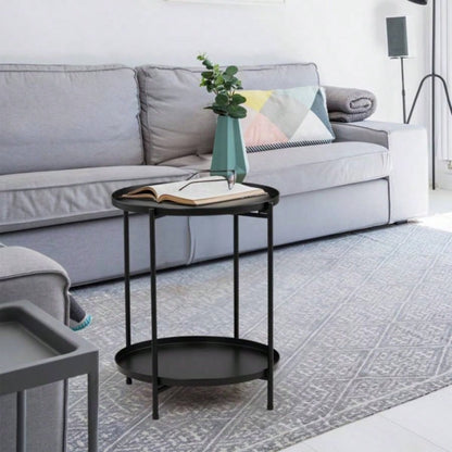 2 - Tier Patio Side Table, Outdoor Metal Round Small Coffee Table with Removable Tray, Weather Resistant End Table Indoor Outdoor Garden Balcony Yard, Black