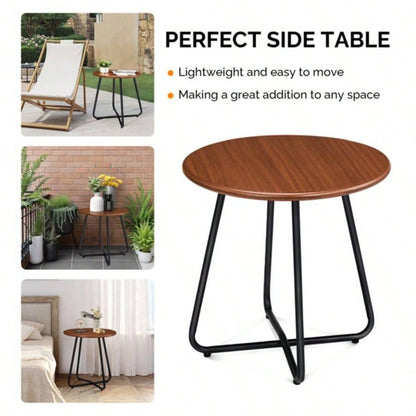 Outdoor Side Table with Imitation Wood Tabletop, Weather Resistant Patio Side Table, Round Outdoor End Table Patio Yard Balcony Garden