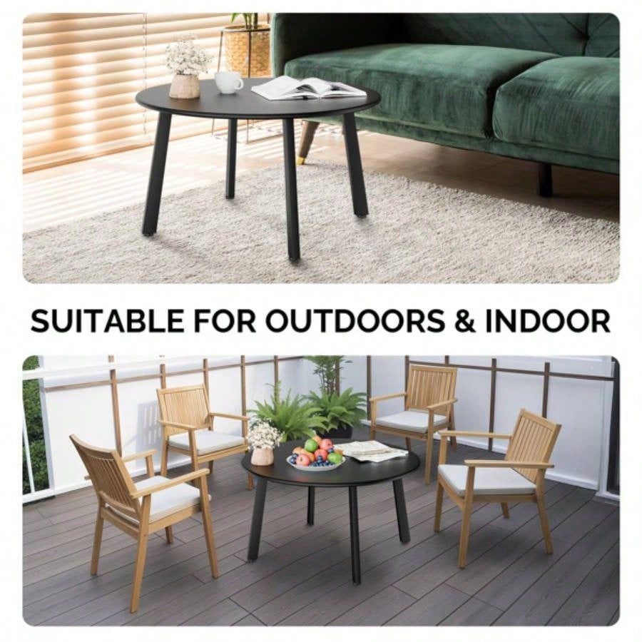 Patio Coffee Table, Metal Steel Outdoor Round Table, Weather Resistant Steel Patio Side Table Patio Yard Balcony Garden, Black