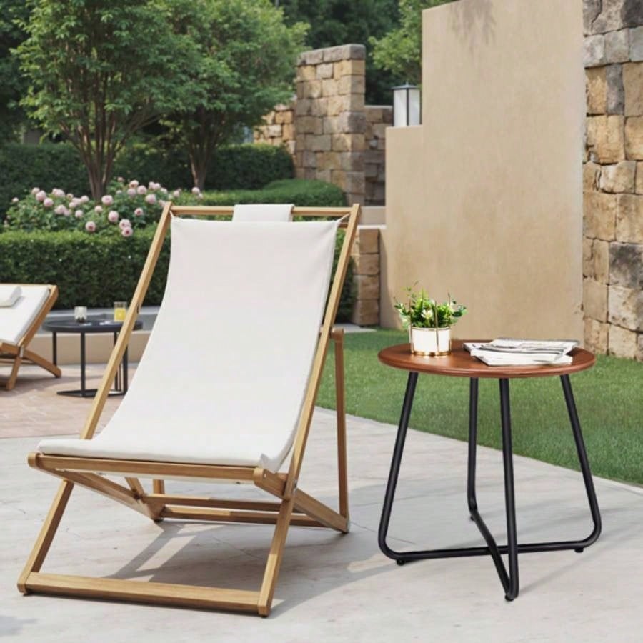 Outdoor Side Table with Imitation Wood Tabletop, Weather Resistant Patio Side Table, Round Outdoor End Table Patio Yard Balcony Garden
