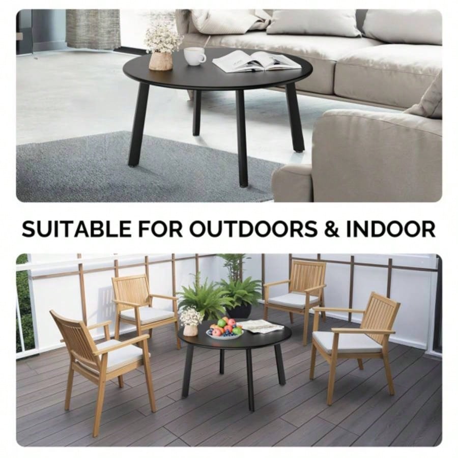 Patio Coffee Table, Metal Steel Outdoor Round Table, Weather Resistant Steel Patio Side Table Patio Yard Balcony Garden, Black