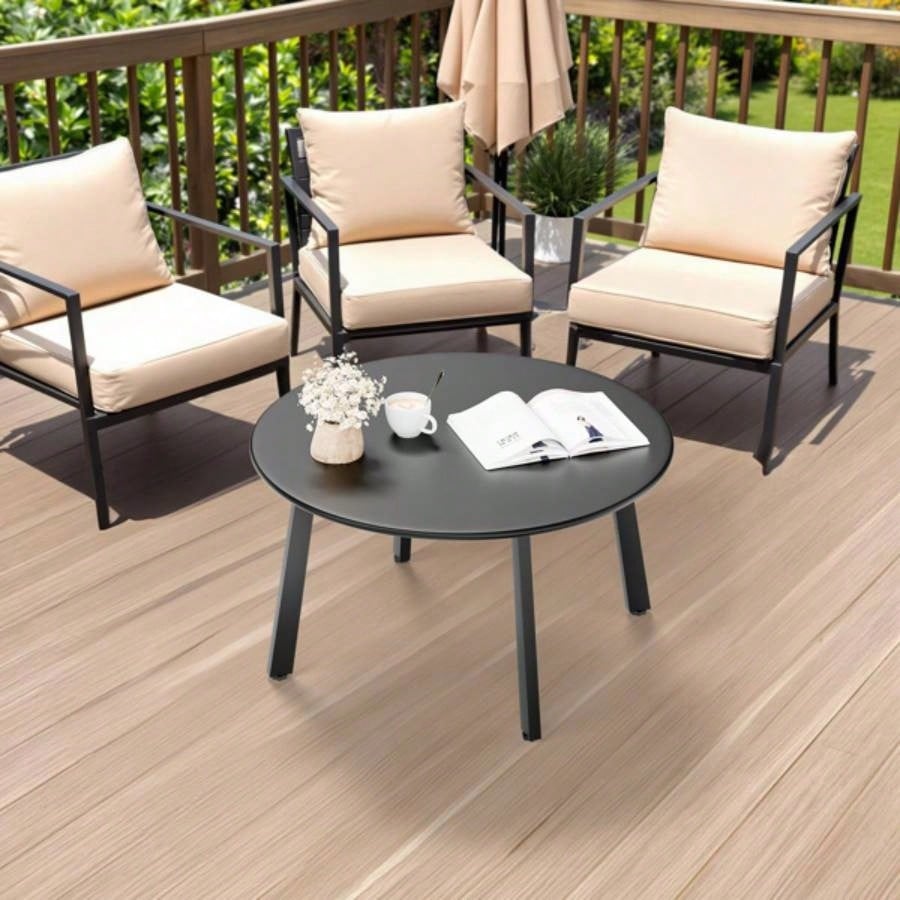 Patio Coffee Table, Metal Steel Outdoor Round Table, Weather Resistant Steel Patio Side Table Patio Yard Balcony Garden, Black