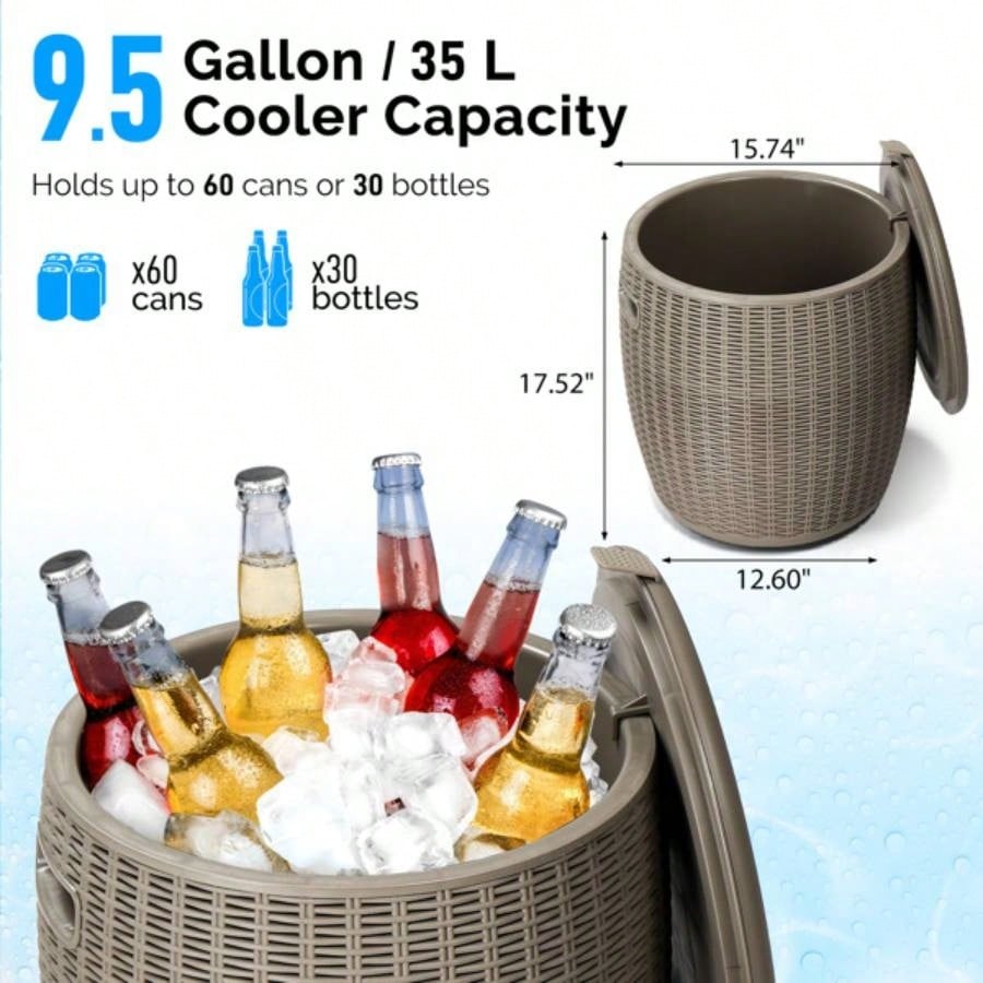 9.5 Gallon Cooler Side Table, Portable Chest with Built - in Handle, Multifunctional Cooler Outdoor Cocktail Side Table/Lid Drain Camping, Picnic, Beach, Pool, Party