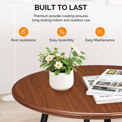 Outdoor Side Table with Imitation Wood Tabletop, Weather Resistant Patio Side Table, Round Outdoor End Table Patio Yard Balcony Garden