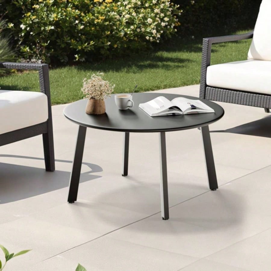 Patio Coffee Table, Metal Steel Outdoor Round Table, Weather Resistant Steel Patio Side Table Patio Yard Balcony Garden, Black