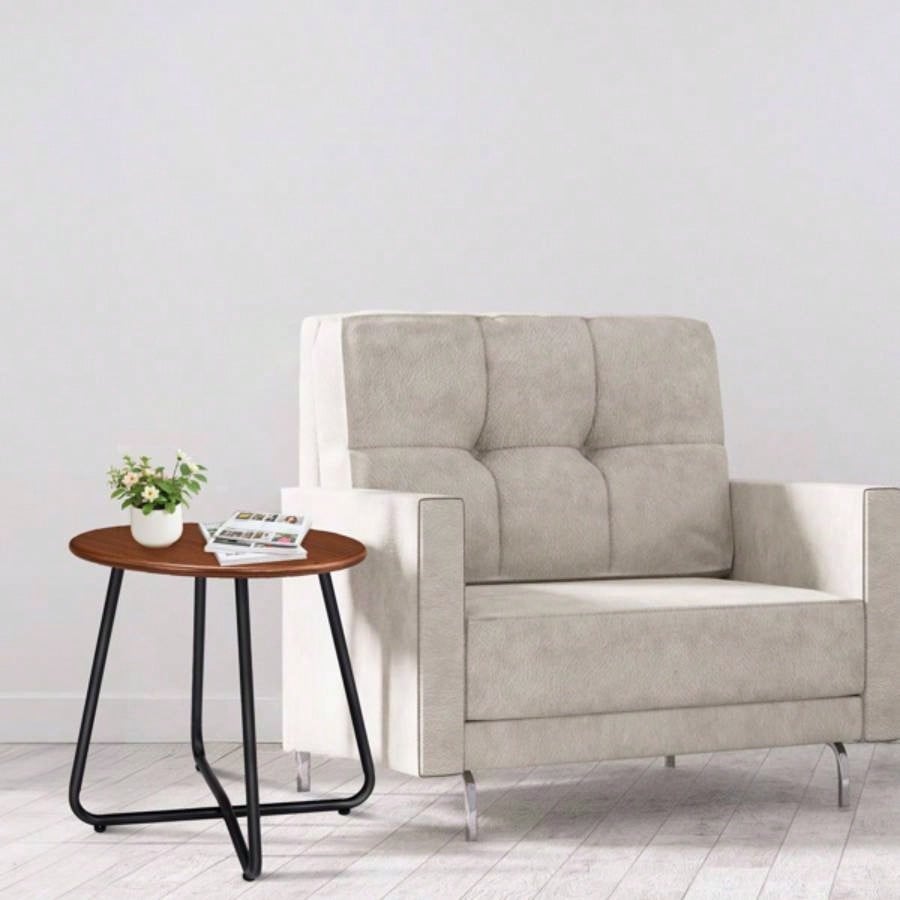 Outdoor Side Table with Imitation Wood Tabletop, Weather Resistant Patio Side Table, Round Outdoor End Table Patio Yard Balcony Garden