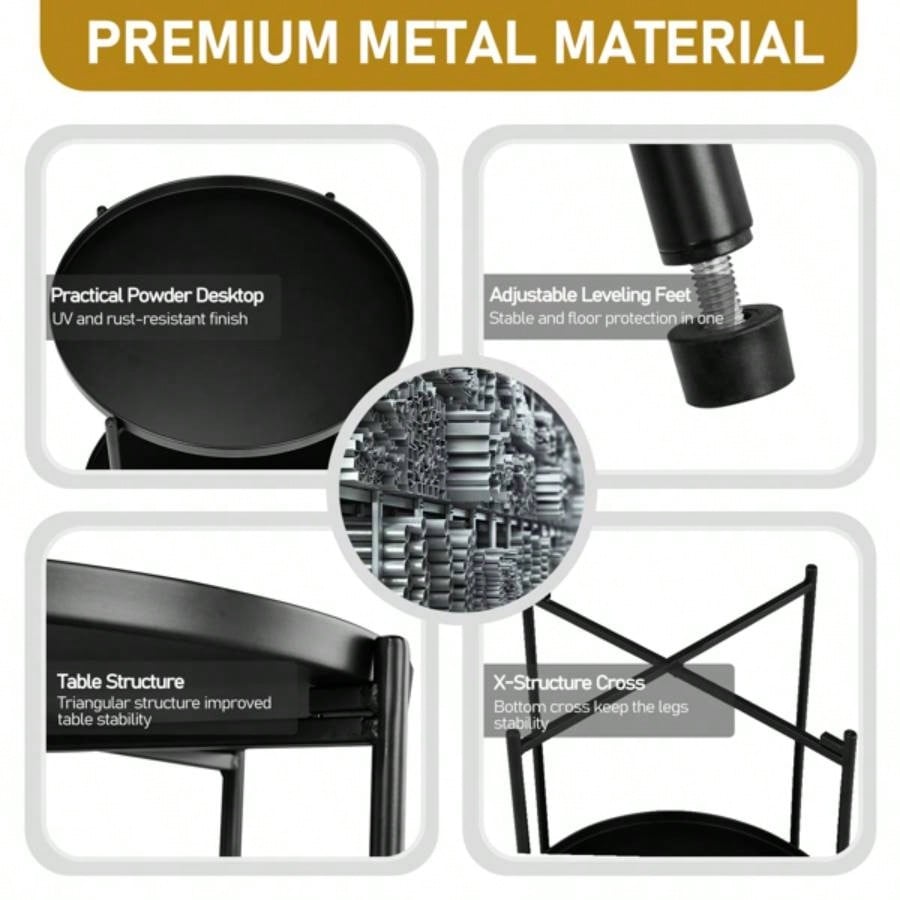 2 - Tier Patio Side Table, Outdoor Metal Round Small Coffee Table with Removable Tray, Weather Resistant End Table Indoor Outdoor Garden Balcony Yard, Black