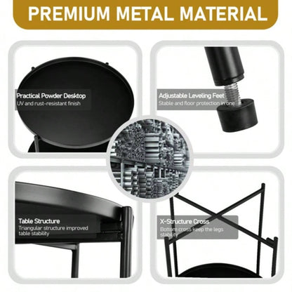 2 - Tier Patio Side Table, Outdoor Metal Round Small Coffee Table with Removable Tray, Weather Resistant End Table Indoor Outdoor Garden Balcony Yard, Black