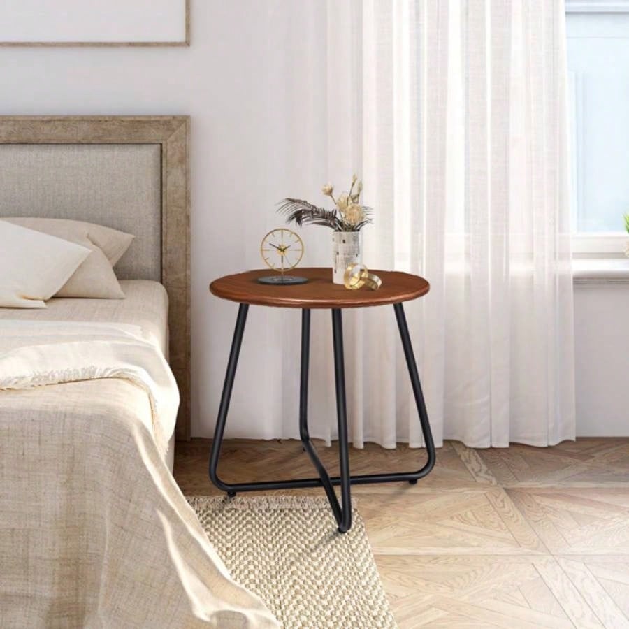 Outdoor Side Table with Imitation Wood Tabletop, Weather Resistant Patio Side Table, Round Outdoor End Table Patio Yard Balcony Garden