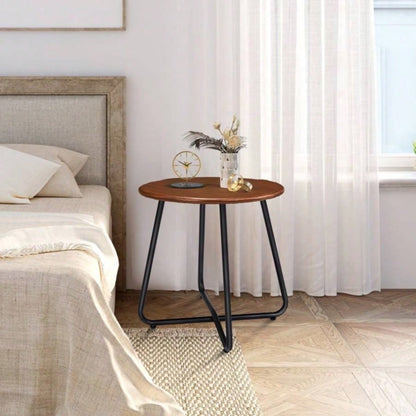 Outdoor Side Table with Imitation Wood Tabletop, Weather Resistant Patio Side Table, Round Outdoor End Table Patio Yard Balcony Garden