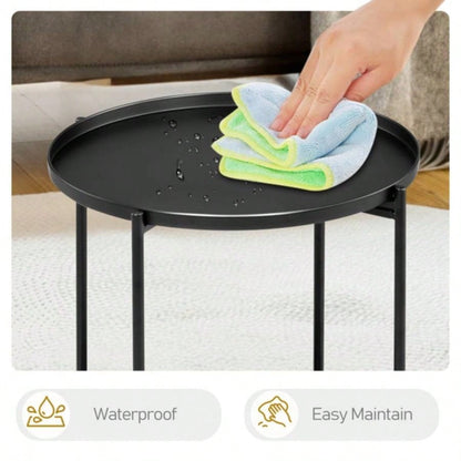 2 - Tier Patio Side Table, Outdoor Metal Round Small Coffee Table with Removable Tray, Weather Resistant End Table Indoor Outdoor Garden Balcony Yard, Black