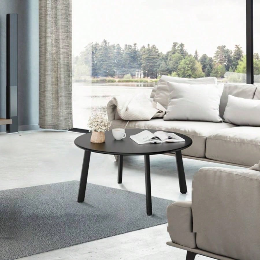 Patio Coffee Table, Metal Steel Outdoor Round Table, Weather Resistant Steel Patio Side Table Patio Yard Balcony Garden, Black