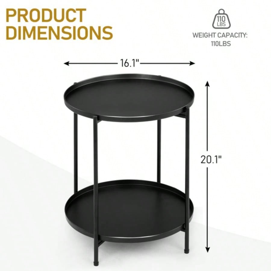 2 - Tier Patio Side Table, Outdoor Metal Round Small Coffee Table with Removable Tray, Weather Resistant End Table Indoor Outdoor Garden Balcony Yard, Black
