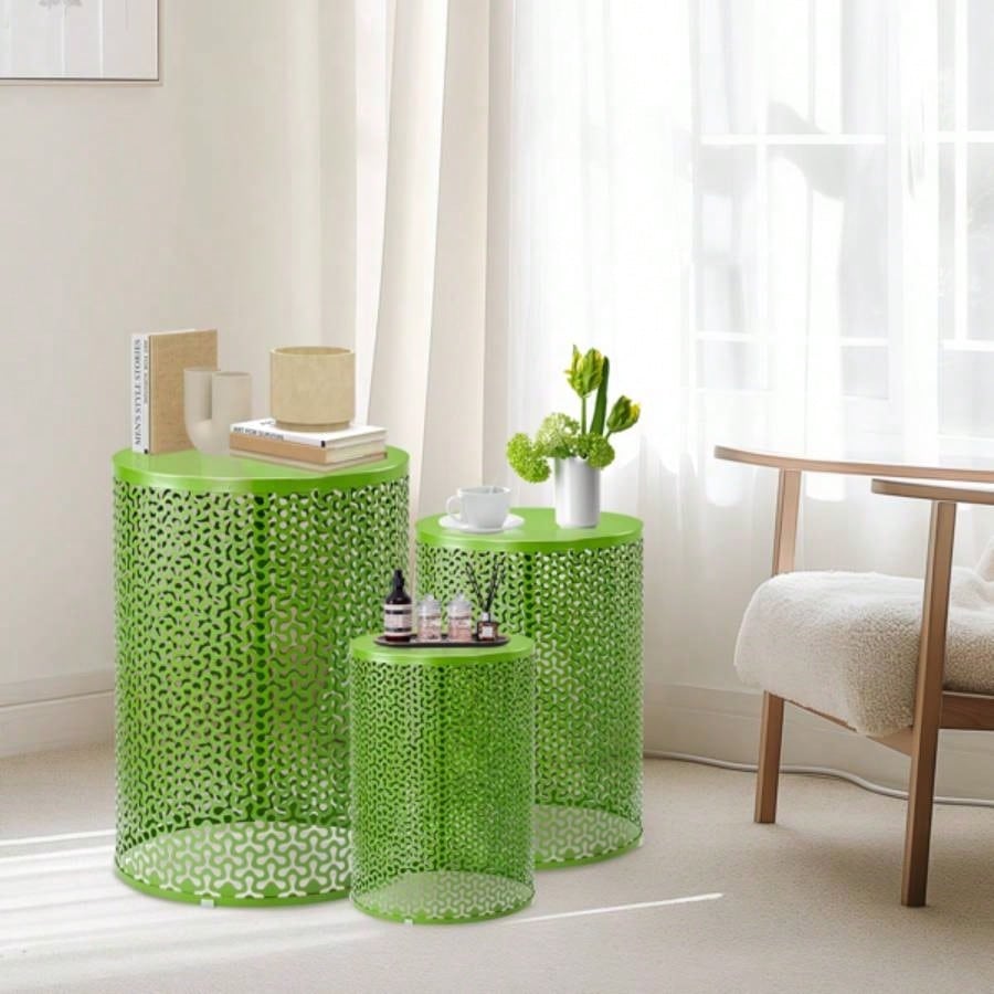 Outdoor Nesting Side Table Set of 3, Round Patio Accent Table, Metal Frame End Table Indoor Outdoor, 12 14 16H, Green