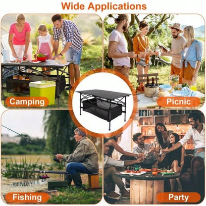 220 lbs Folding Camping Table - 30 - Second - Setup, Aluminum Roll - Top Steel Frame, Detachable Mesh Basket, Portable Outdoor Picnic/BBQ/Beach Table with Carry Bag
