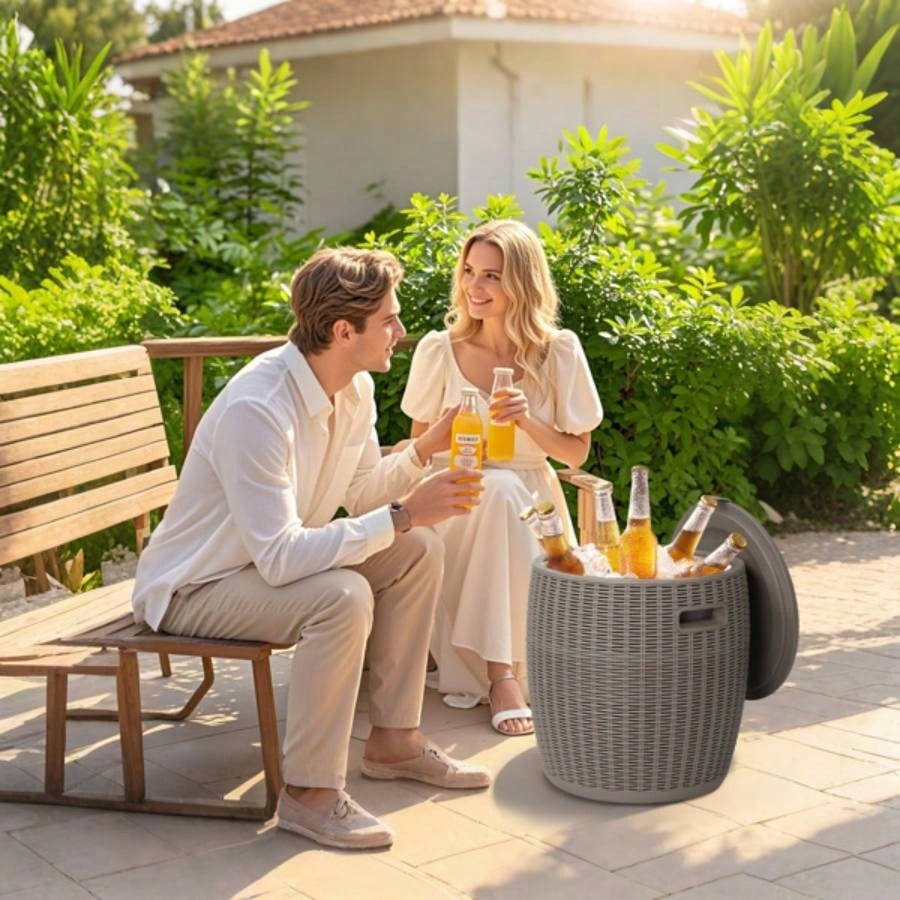 9.5 Gallon Cooler Side Table, Portable Chest with Built - in Handle, Multifunctional Cooler Outdoor Cocktail Side Table/Lid Drain Camping, Picnic, Beach, Pool, Party