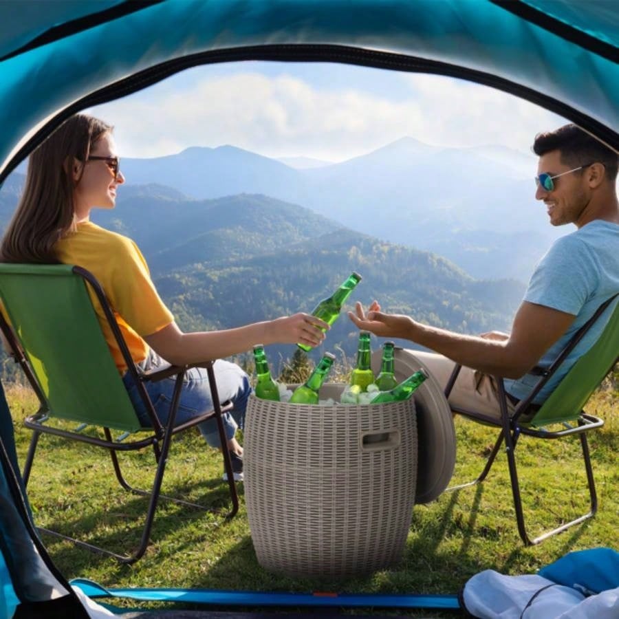 9.5 Gallon Cooler Side Table, Portable Chest with Built - in Handle, Multifunctional Cooler Outdoor Cocktail Side Table/Lid Drain Camping, Picnic, Beach, Pool, Party