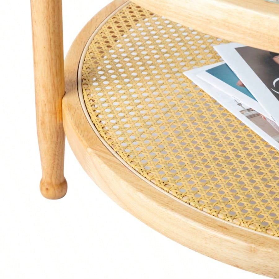 31.5in Rattan Coffee Table with Glass Top, Round End Table, Boho Style Side Table Sofa End Table Living Room Balcony Patio, Natural