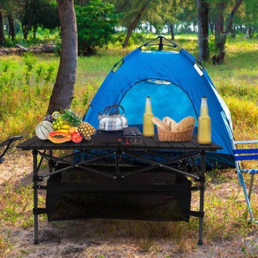 220 lbs Folding Camping Table - 30 - Second - Setup, Aluminum Roll - Top Steel Frame, Detachable Mesh Basket, Portable Outdoor Picnic/BBQ/Beach Table with Carry Bag