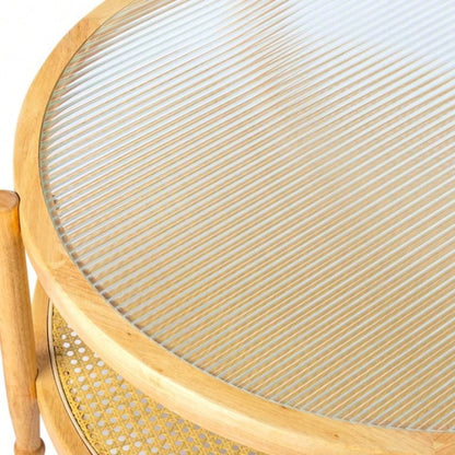 31.5in Rattan Coffee Table with Glass Top, Round End Table, Boho Style Side Table Sofa End Table Living Room Balcony Patio, Natural