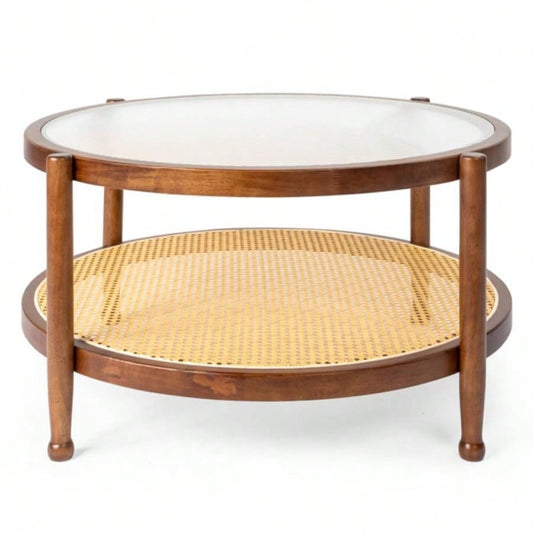 31.5in Rattan Coffee Table with Glass Top, Round End Table, Boho Style Side Table Sofa End Table Living Room Balcony Patio, Walnut