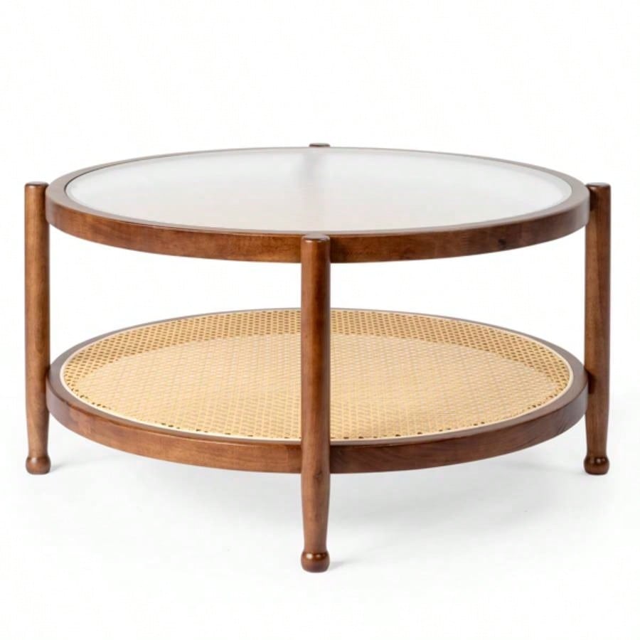 31.5in Rattan Coffee Table with Glass Top, Round End Table, Boho Style Side Table Sofa End Table Living Room Balcony Patio, Walnut