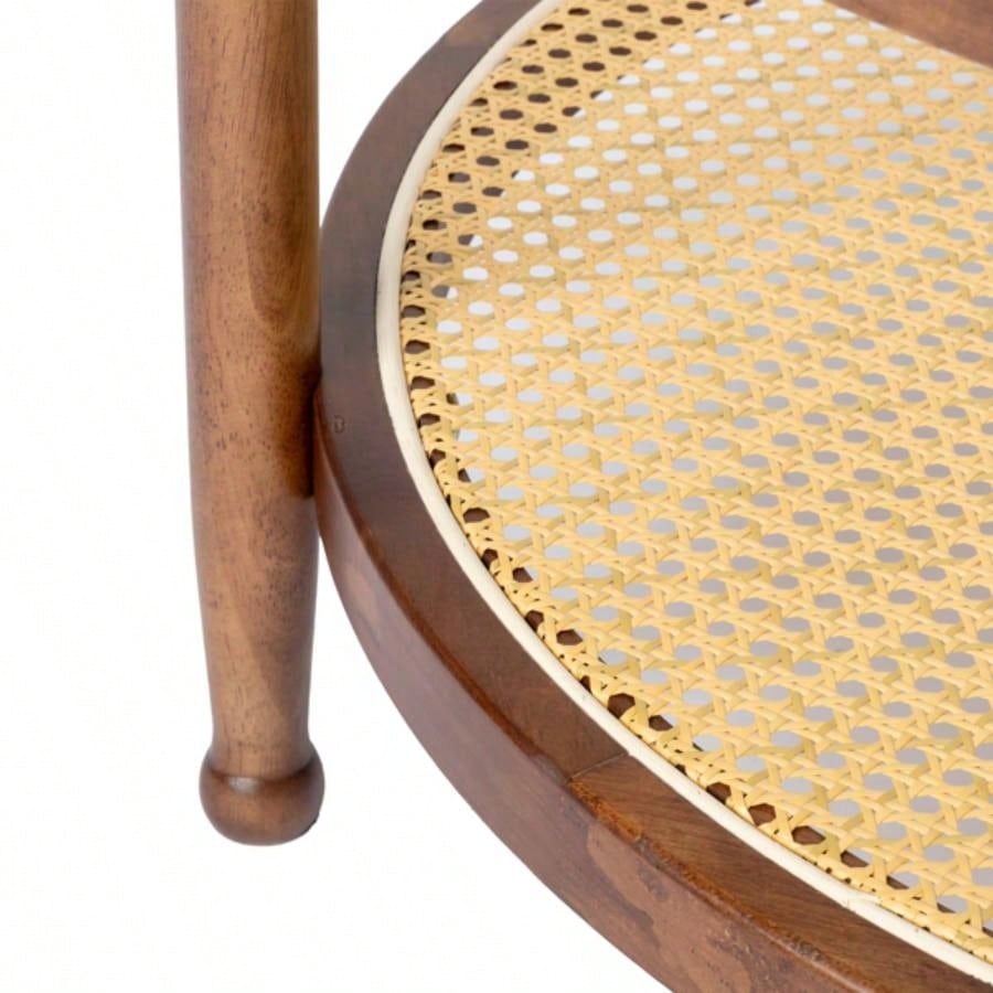 31.5in Rattan Coffee Table with Glass Top, Round End Table, Boho Style Side Table Sofa End Table Living Room Balcony Patio, Walnut