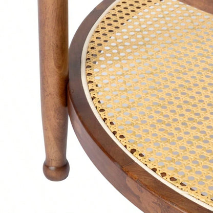 31.5in Rattan Coffee Table with Glass Top, Round End Table, Boho Style Side Table Sofa End Table Living Room Balcony Patio, Walnut